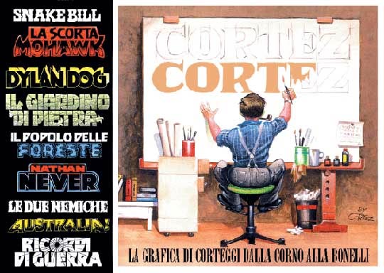 Cover of 'Cortez - La grafica di Corteggi dalla Corno alla Bonelli', with some samples of his header designs for Bonelli