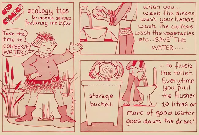 Eco comics ecology tips from Mr. Tipps in Zen Comics, by Ioanna Salajan (1973)
